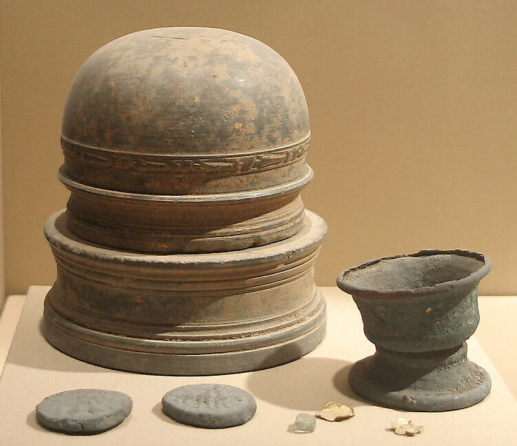 Reliquary with Contents, Schist with objects of copper, bronze, gold, and crystal objects, Pakistan (ancient region of Gandhara) 