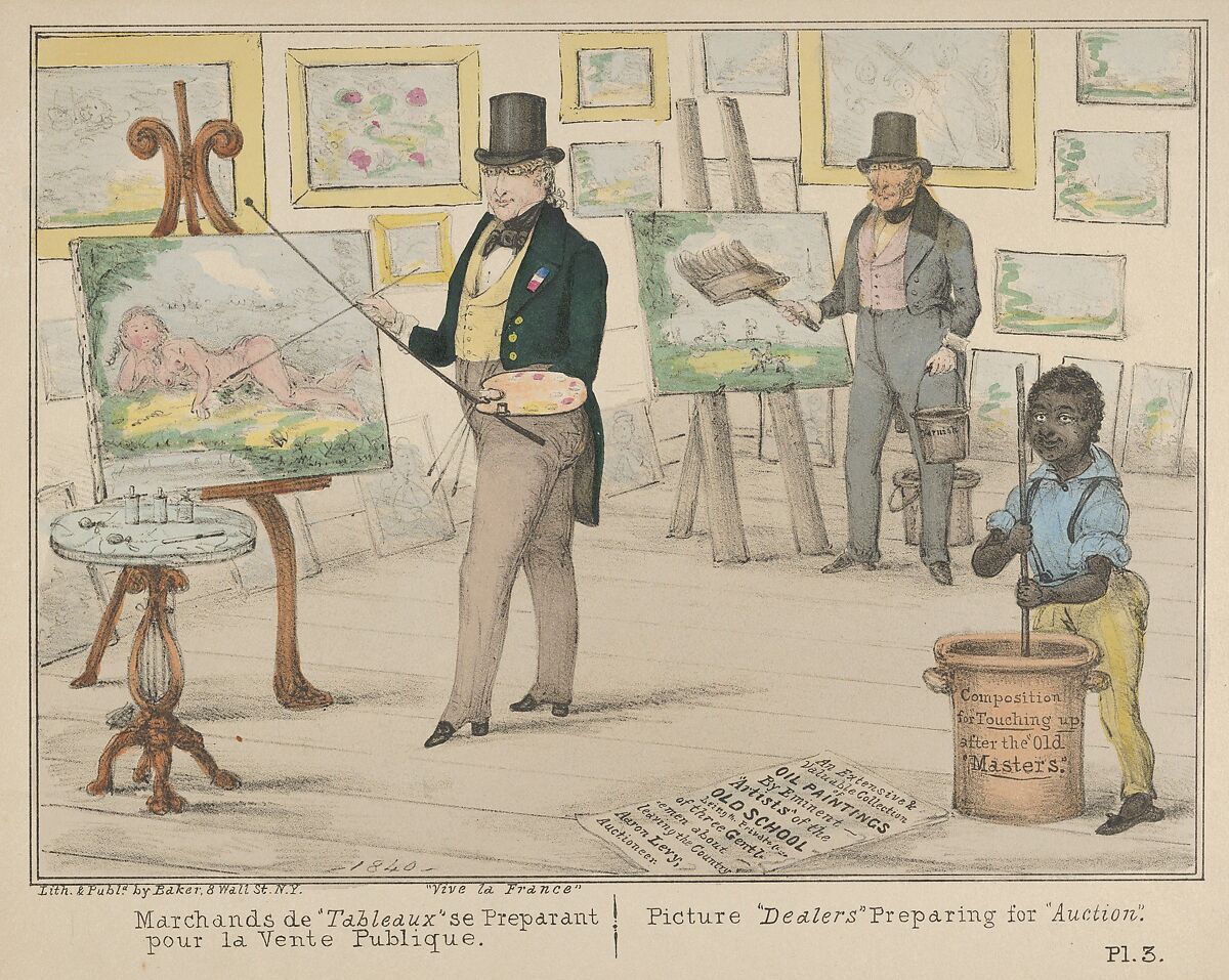 Vive la France, Marchands de "Tableaux" se Preparant pour la Vente Publique / Picture "Dealers" Preparing for "Auction", Alfred E. Baker (American, active 1833–42), Lithograph, hand colored 