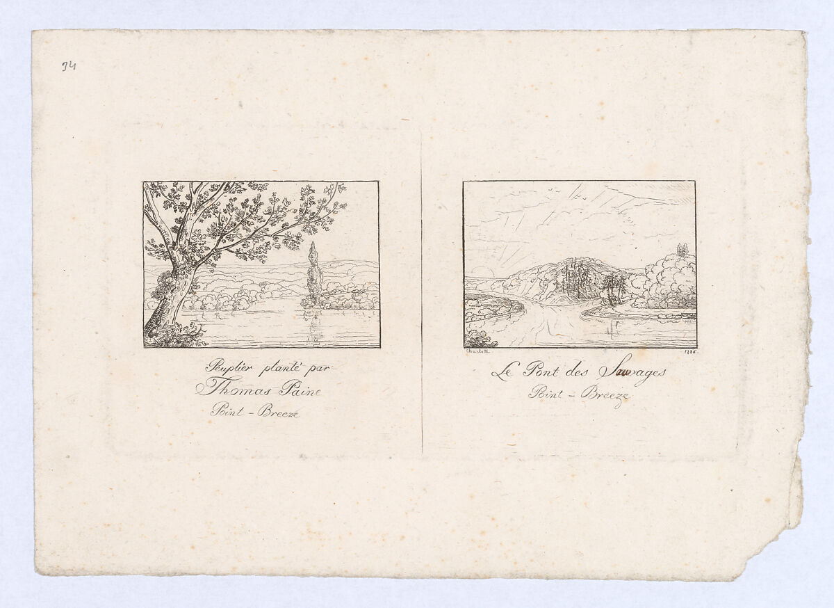 Peuplier plante par Thomas Paine and Le Pont des Sauvages, Point-Breeze (Poplar Tree Planted by Thomas Paine and The Native Bridge at Point Breeze, near Bordentown, New Jersey), Charlotte Bonaparte (French, Mortefontaine 1802–1839 Sarzana), Etching 