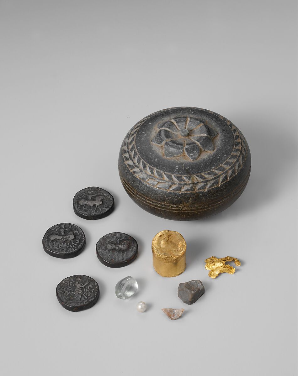 Reliquary with Contents, Schist with traces of gold leaf, Pakistan (ancient region of Gandhara) 