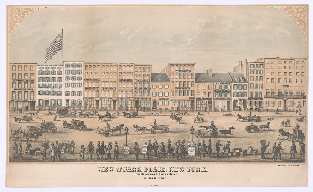 View of Park Place, New York, from Broadway to Church Street, North Side, A.D. 1854, Lithographed and printed by William Boell (American, active 19th century), Lithograph with tint stones and hand-coloring 