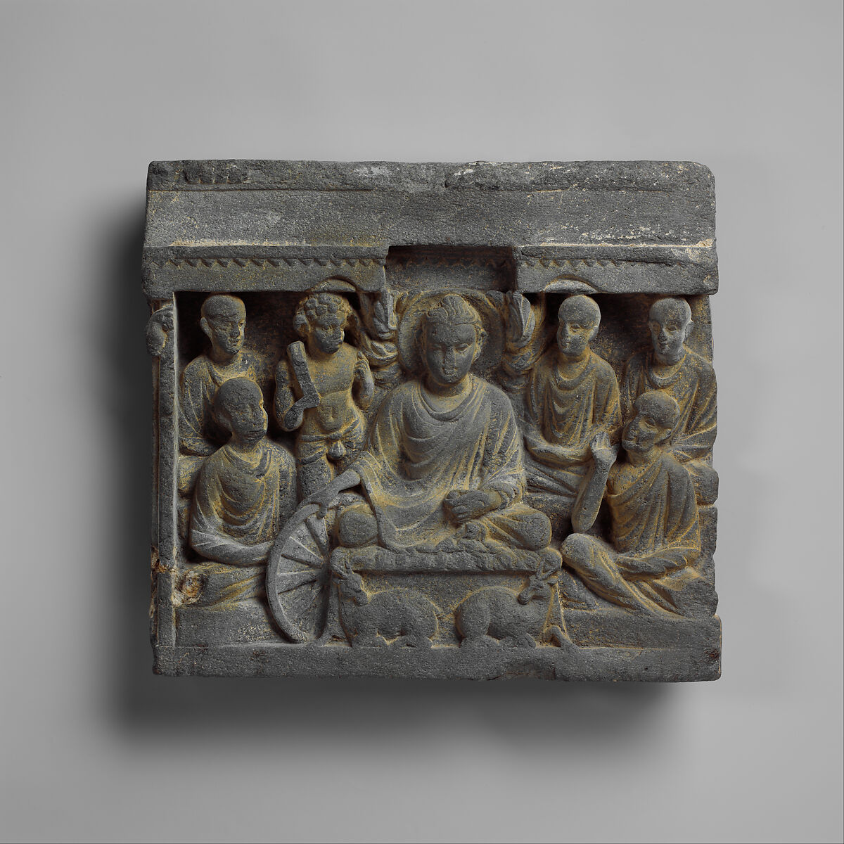 Vajrapani Attends the Buddha at His First Sermon, Schist, Pakistan (ancient region of Gandhara) 