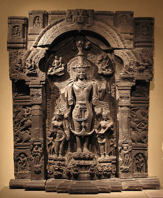 Vishnu with His Consorts, Lakshmi and Sarasvati, Black stone, India (Bihar or West Bengal) or Bangladesh 