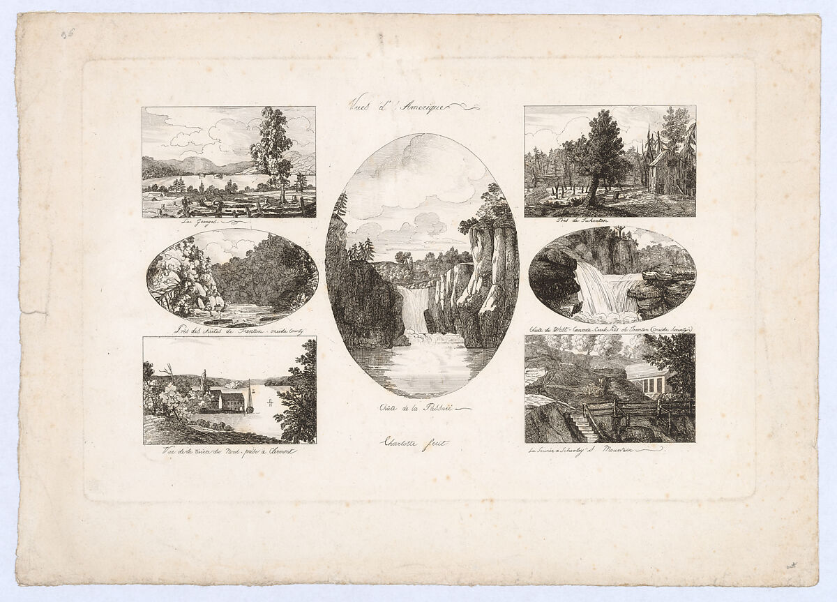 Vues d'Amerique: Lac Georges; Près des chûtes de Trenton, Oneida County; Vue de la rivière du Nord, prise à Clermont; Chûte de la Passaic; Près de Tuckerton; Chûte de West Canada Creek, près de Trenton, Oneida County; La Source à Schooley's Mountain, Charlotte Bonaparte (French, Mortefontaine 1802–1839 Sarzana), Etching 