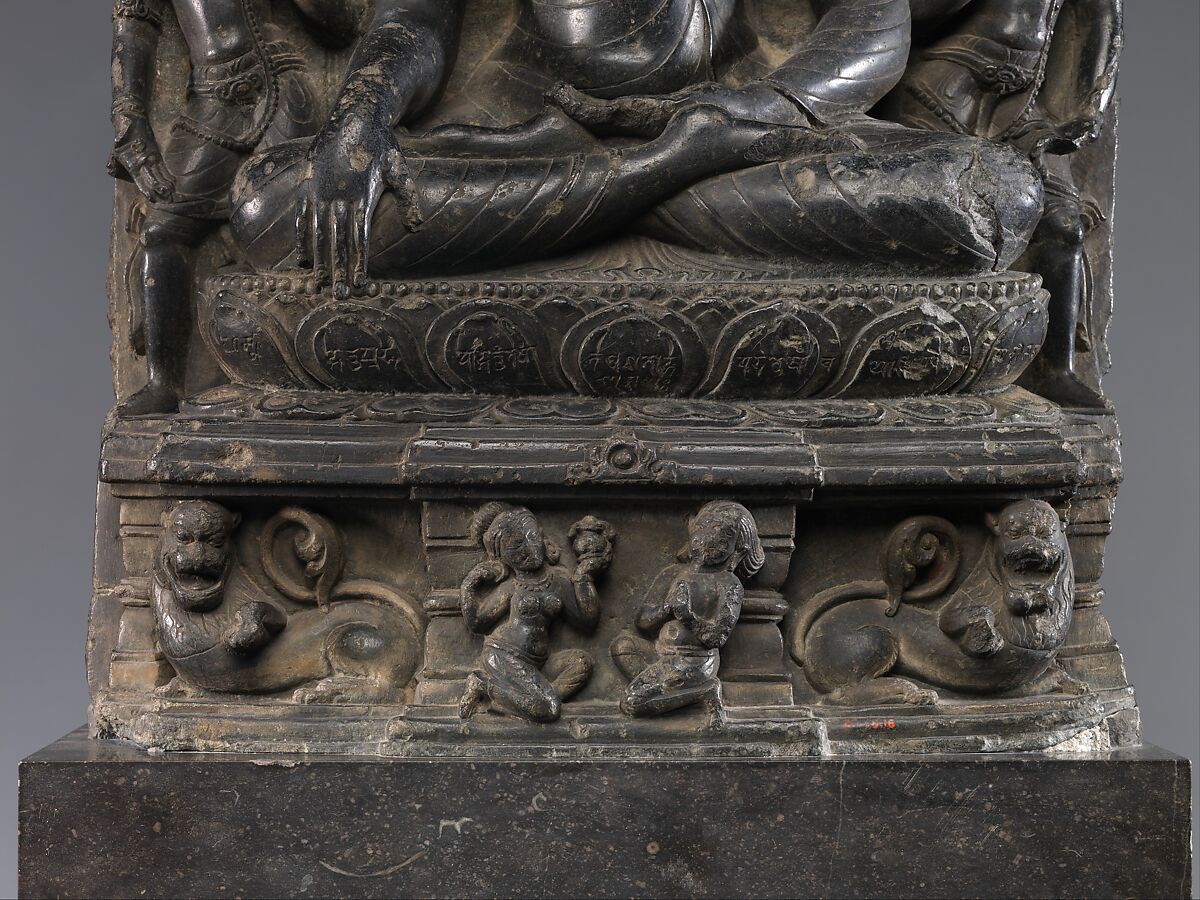 Seated Buddha Reaching Enlightenment, Flanked by Avalokiteshvara and Maitreya, Black schist, India, Bihar, Nalanda monastery