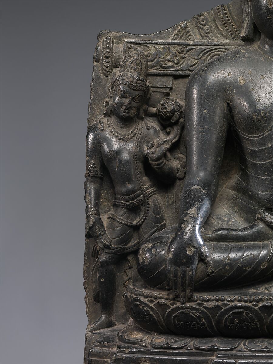 Seated Buddha Reaching Enlightenment, Flanked by Avalokiteshvara and Maitreya, Black schist, India, Bihar, Nalanda monastery