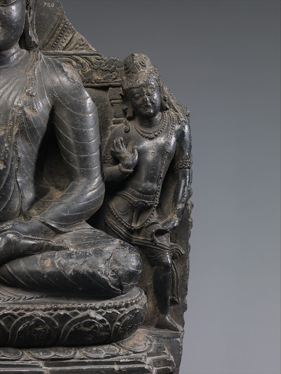 Seated Buddha Reaching Enlightenment, Flanked by Avalokiteshvara and Maitreya, Black schist, India, Bihar, Nalanda monastery