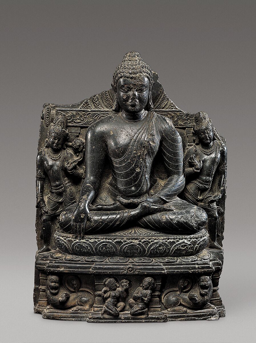 Seated Buddha Reaching Enlightenment, Flanked by Avalokiteshvara and Maitreya, Black schist, India, Bihar, Nalanda monastery 