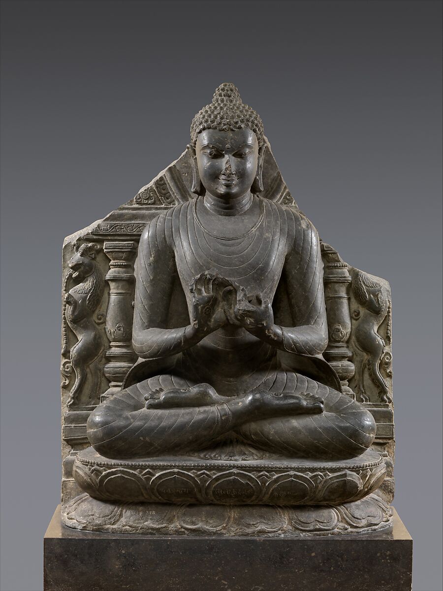 Buddha Preaching the First Sermon at Sarnath, Black stone, India (Bihar, probably Nalanda)