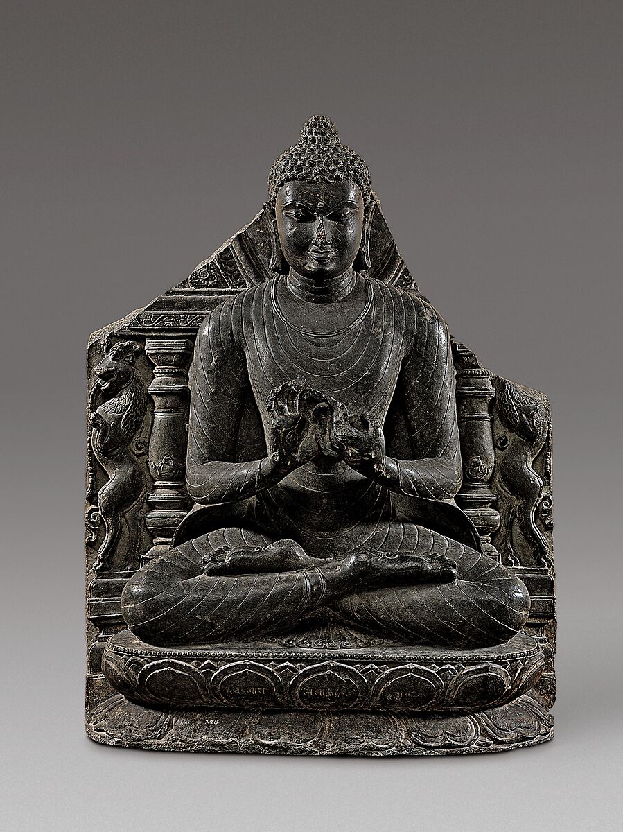 Buddha Preaching the First Sermon at Sarnath, Black stone, India (Bihar, probably Nalanda)