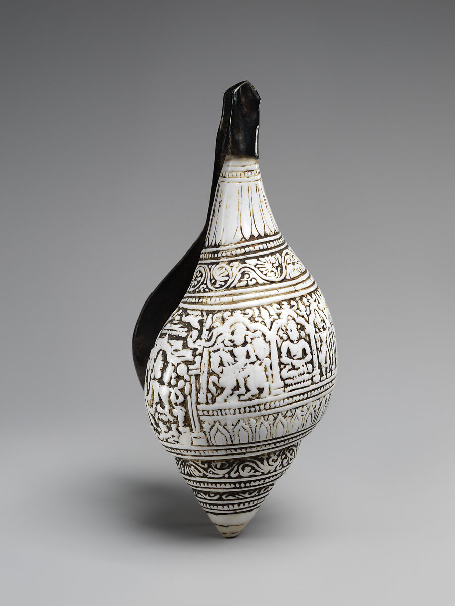 Carved Conch with Lakshmi-Narayana, Shell with silver additions, India (possibly West Bengal) or Bangladesh