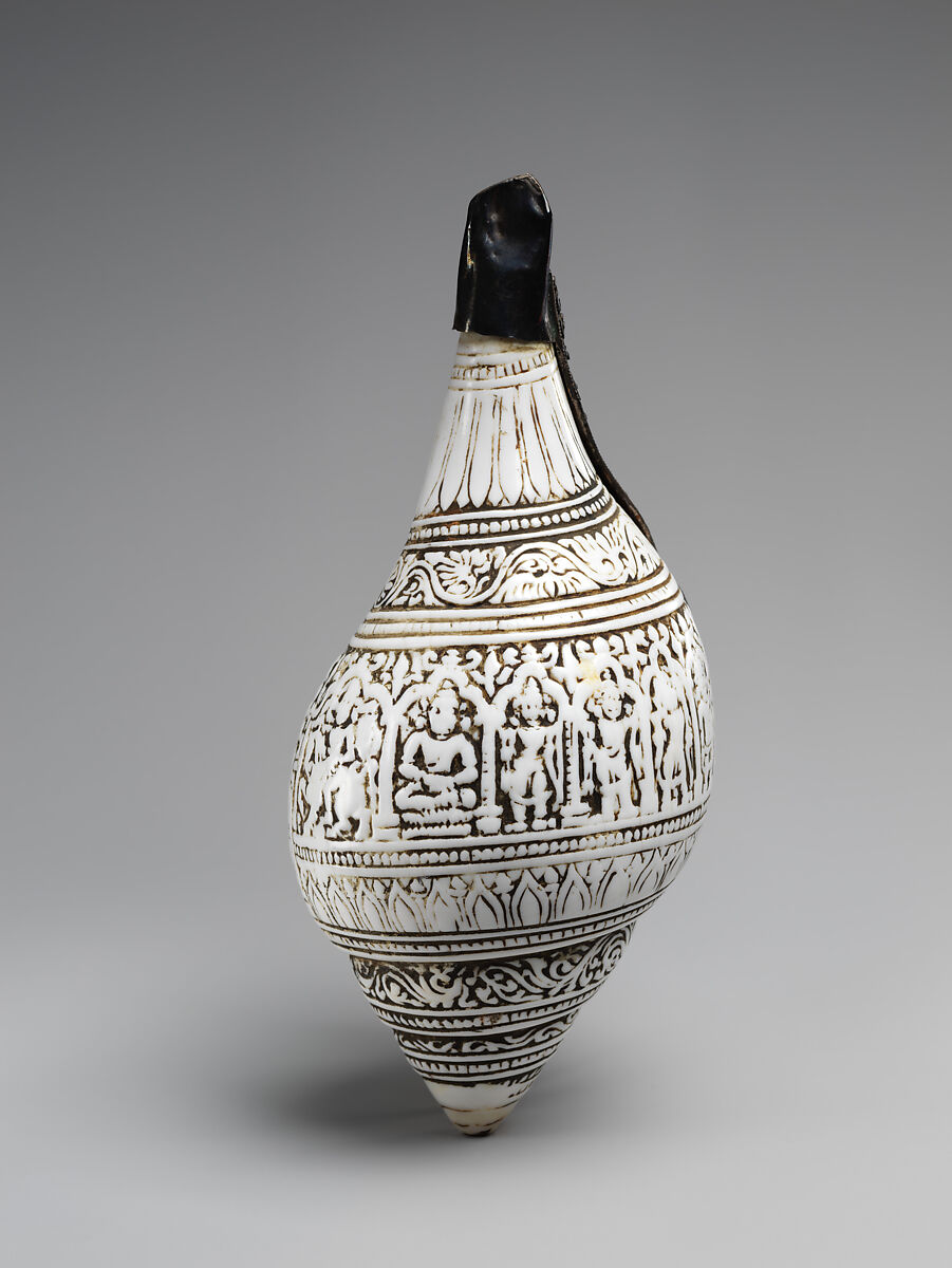 Carved Conch with Lakshmi-Narayana, Shell with silver additions, India (possibly West Bengal) or Bangladesh