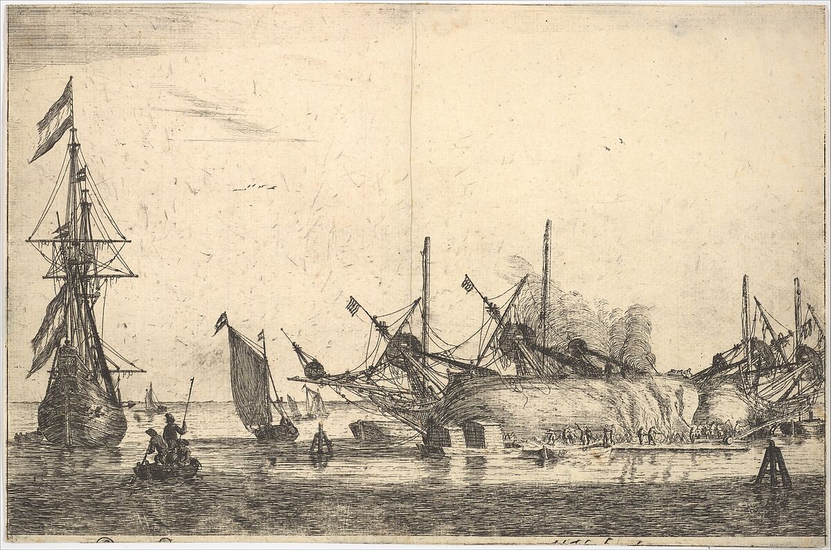 Ships Careened for Caulking the Hull, Reinier Nooms, called Zeeman (Dutch, Amsterdam ca. 1623–1664 Amsterdam), Etching; third state of eight 