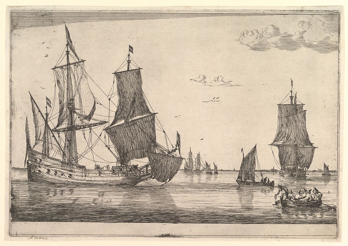 Large Sailing Vessel and Rowing Boat, Reinier Nooms, called Zeeman (Dutch, Amsterdam ca. 1623–1664 Amsterdam), Etching; state I 