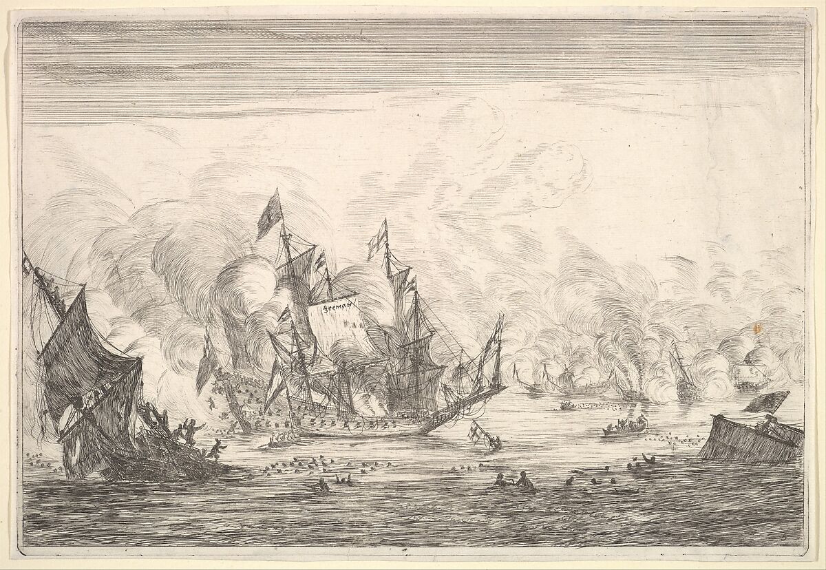 Naval Battle with an English Ship Foundering on the Left, from Naval Battles (Nieuwe Scheeps Batalien),  plate 5, Reinier Nooms, called Zeeman (Dutch, Amsterdam ca. 1623–1664 Amsterdam), Etching; second state of three 