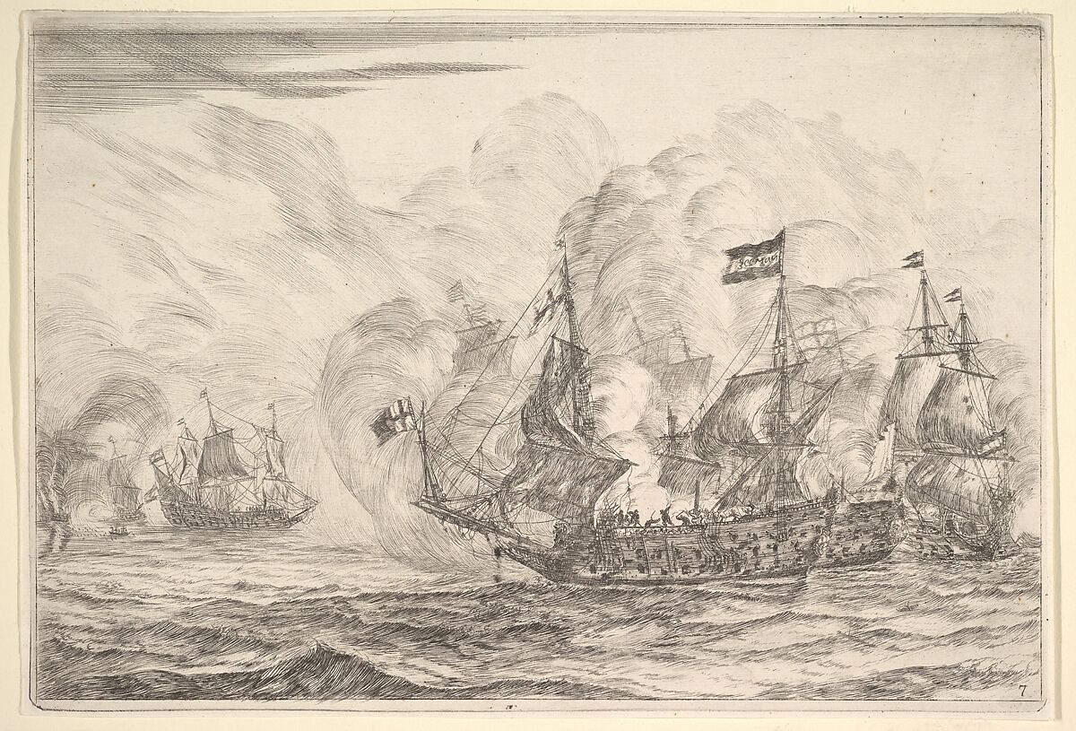 Naval Encounter with Three Vessels on the Right, from Naval Battles (Nieuwe Scheeps Batalien), plate 7, Reinier Nooms, called Zeeman (Dutch, Amsterdam ca. 1623–1664 Amsterdam), Etching; second state of three 