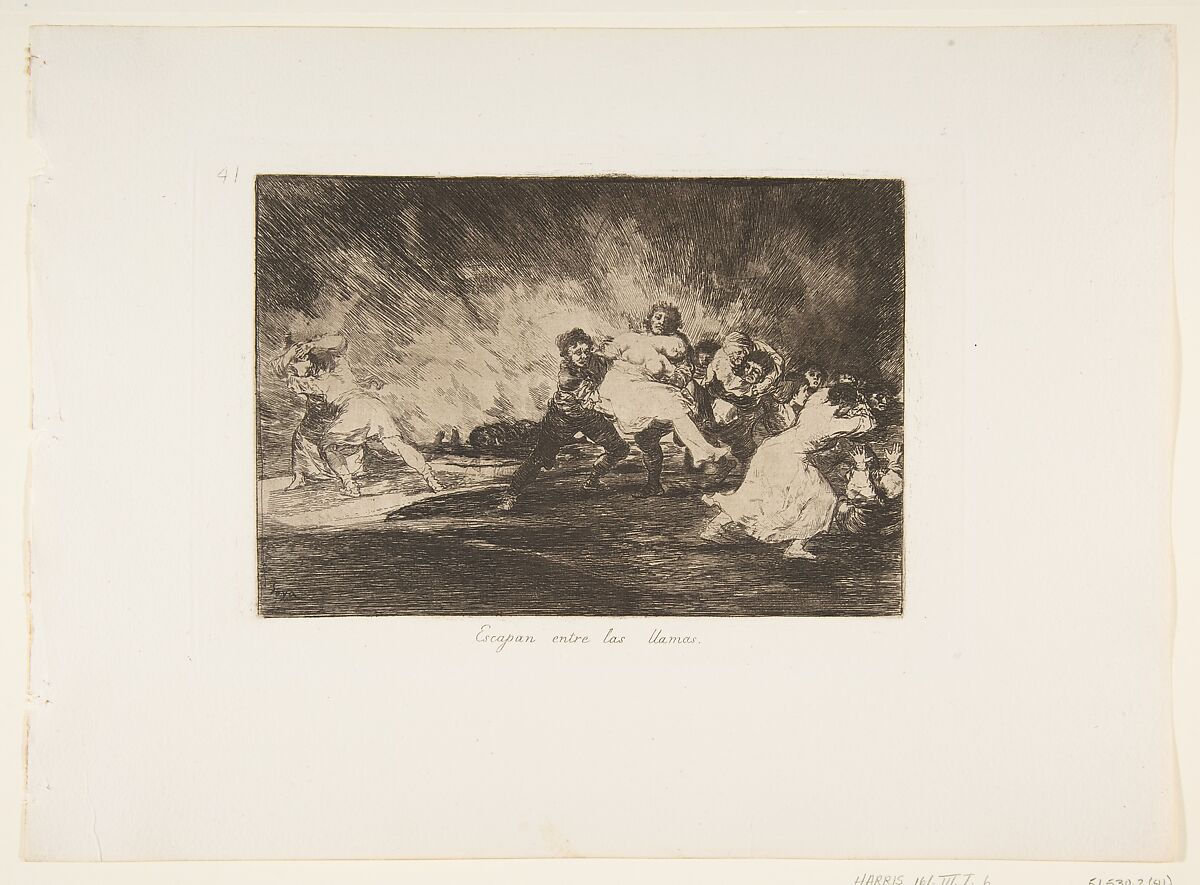 Plate 41 from "The Disasters of War" (Los Desastres de La Guerra): They escape through the flames (Escapan entre las llamas), Goya (Francisco de Goya y Lucientes) (Spanish, Fuendetodos 1746–1828 Bordeaux), Etching, burin 