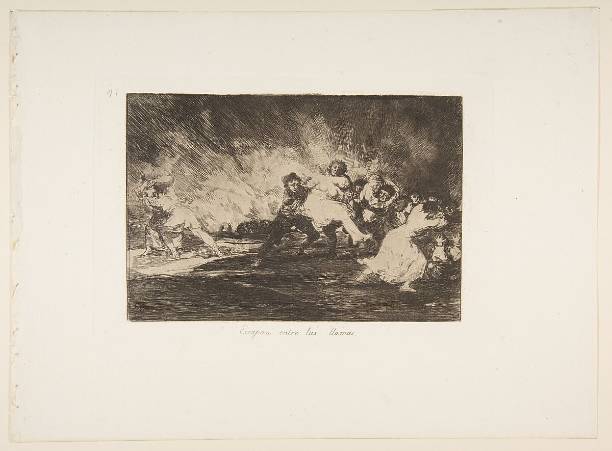 Plate 41 from "The Disasters of War" (Los Desastres de La Guerra): 'They escape through the flames' (Escapan entre las llamas), Goya (Francisco de Goya y Lucientes) (Spanish, Fuendetodos 1746–1828 Bordeaux), Etching, burin 