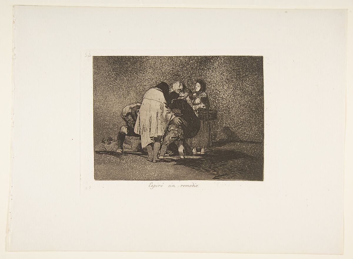 Plate 53  from "The Disasters of War" (Los Desastres de la Guerra): 'There was nothing to be done and he died' (Espiró sin remedio), Goya (Francisco de Goya y Lucientes) (Spanish, Fuendetodos 1746–1828 Bordeaux), Etching, burnished aquatint, lavis, burin, burnisher 