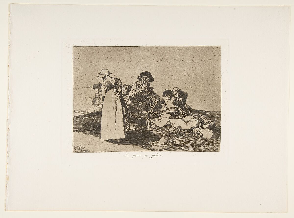 Plate 55 from "The Disasters of War" (Los Desastres de la Guerra): 'The worst is to beg' (Lo peor es pedir), Goya (Francisco de Goya y Lucientes) (Spanish, Fuendetodos 1746–1828 Bordeaux), Etching, lavis, burnisher 