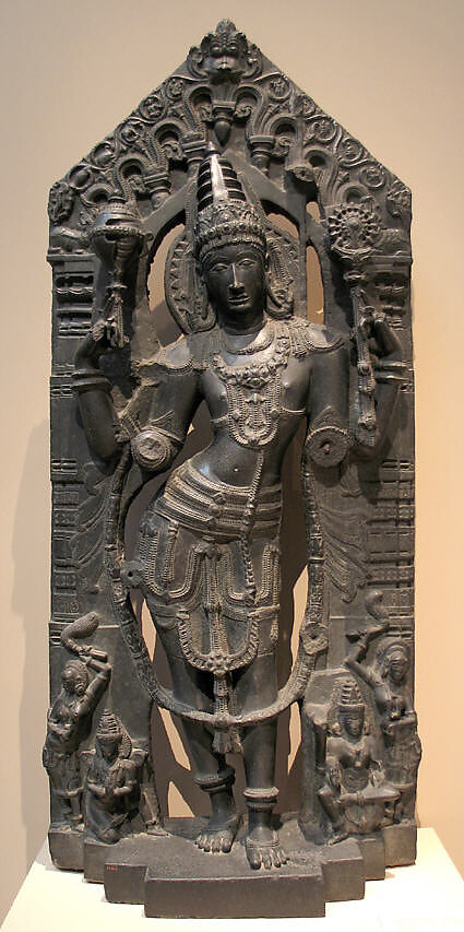 Vishnu with His Mount, Garuda, His Consort, Lakshmi, and Attendants, Black stone, India (Andhra Pradesh, Kalyani region) 