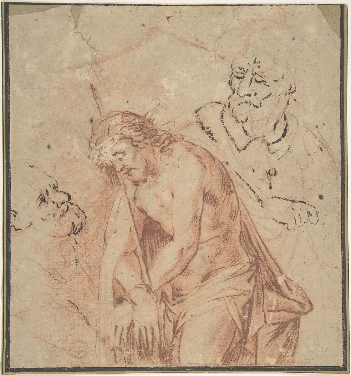 Man of Sorrows and Two Studies of Heads, Anonymous, Flemish, 17th century, Pen and brown ink, red chalk; offset of a drawing in brush and black ink 