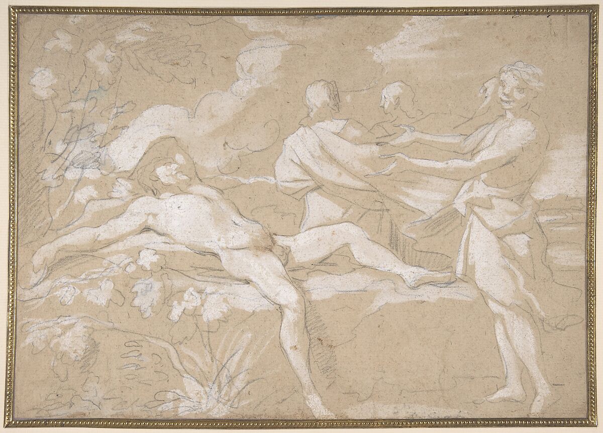 The Drunkenness of Noah, Genesis 9:21-23, Daniel Seiter (Austrian, Vienna 1647–1705 Turin), Black chalk, heightened with white gouache 