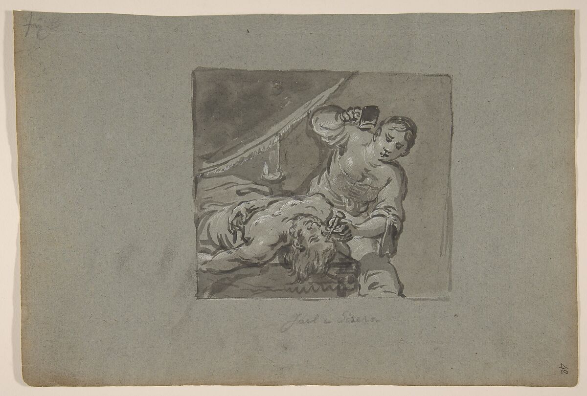 Jael and Sisera, Leonaert Bramer (Dutch, Delft 1596–1674 Delft), Brush and grey wash, heightened with white bodycolor; framing lines in brush and gray wash and white bodycolor 