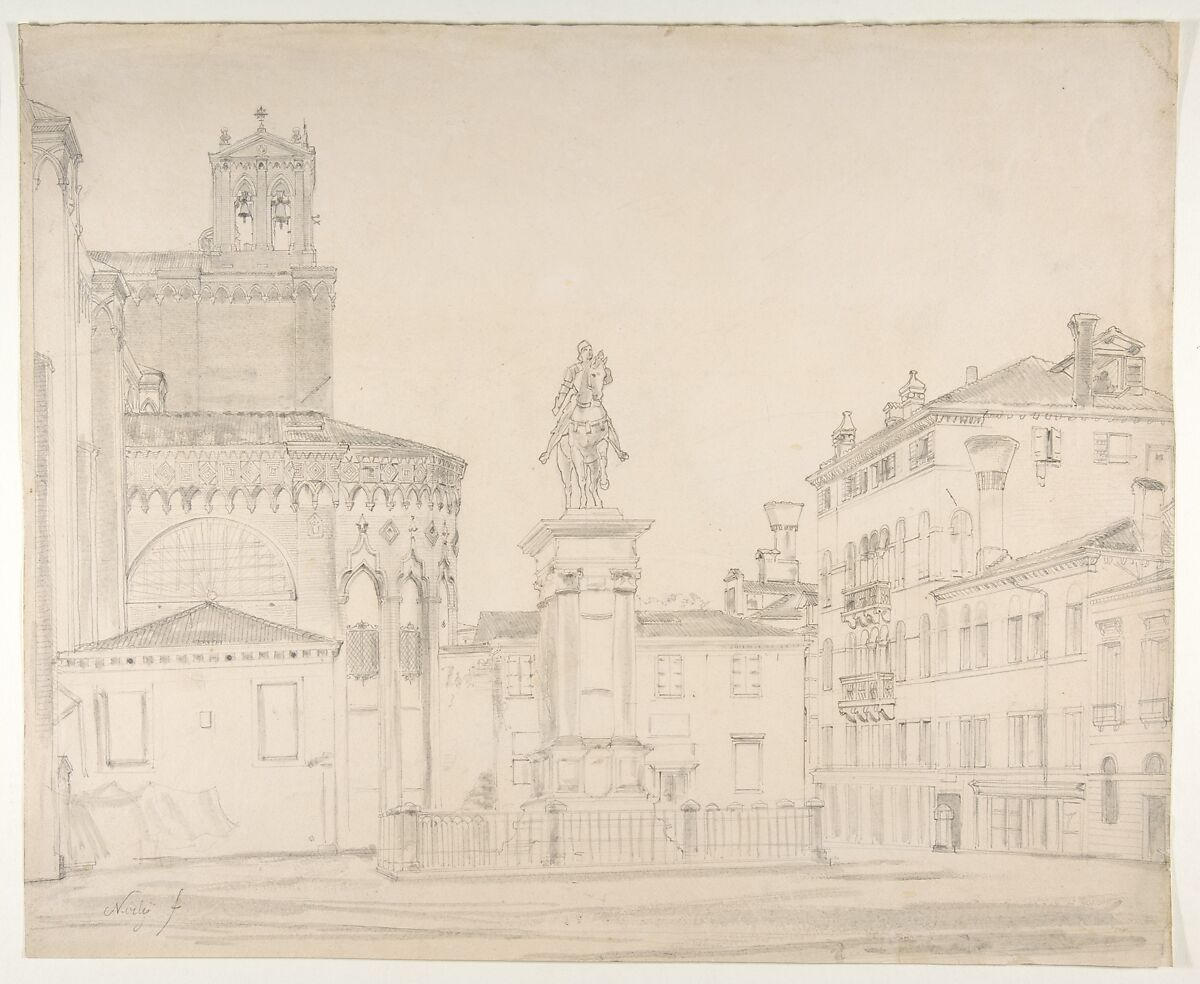 View of the South side of the church of Santi Giovanni e Paolo in Venice, with Verrocchio's statue of Bartolomeo Colleoni, Friedrich Nerly (German, Erfurt 1807–1878 Venice), Graphite, brush and gray wash 