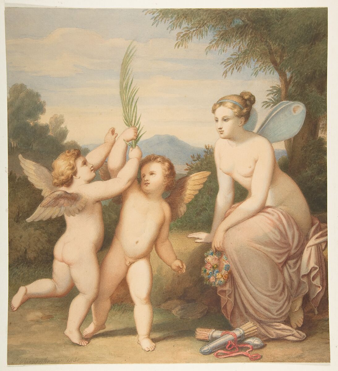 Eros and Anteros with Psyche Looking at Them, Johannes Riepenhausen (German, Goettingen 1788–1860 Venice), Watercolor, over a sketch in black chalk 