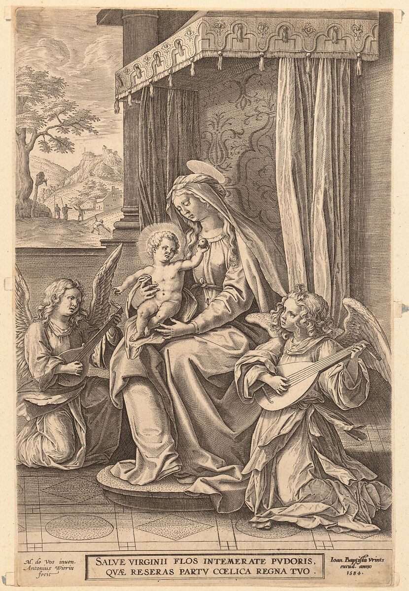 Virgin and Child Enthroned  with Two Musical Angels, Jan (Johannes) Wierix (Netherlandish, Antwerp 1549–1615 Brussels), Engraving; first state 