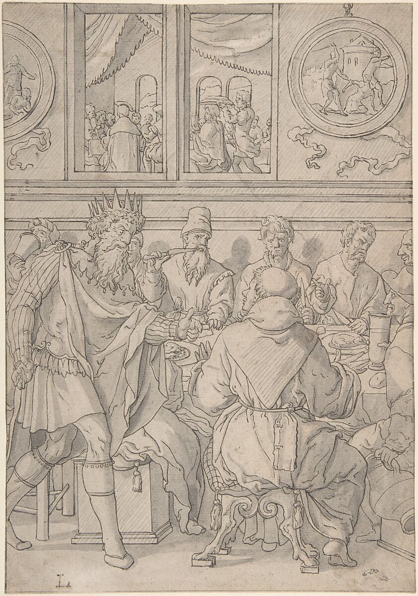 Scene from the parable of the marriage feast (Matthew 22:11-14; The king denouncing the man who was not wearing a wedding robe), Anonymous, Netherlandish, 16th century, Pen and brush and gray ink, gray wash 