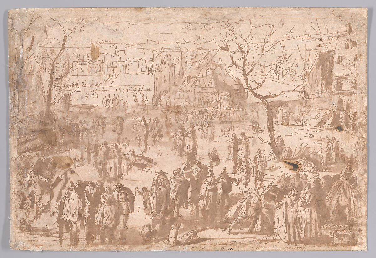 Studies of Birds (recto); Village Scene with Skaters (verso), Albert Flamen (Flemish, born ca. 1620, active 1648–88), Pen and brown ink, brush and brown wash (recto); watercolor (verso)