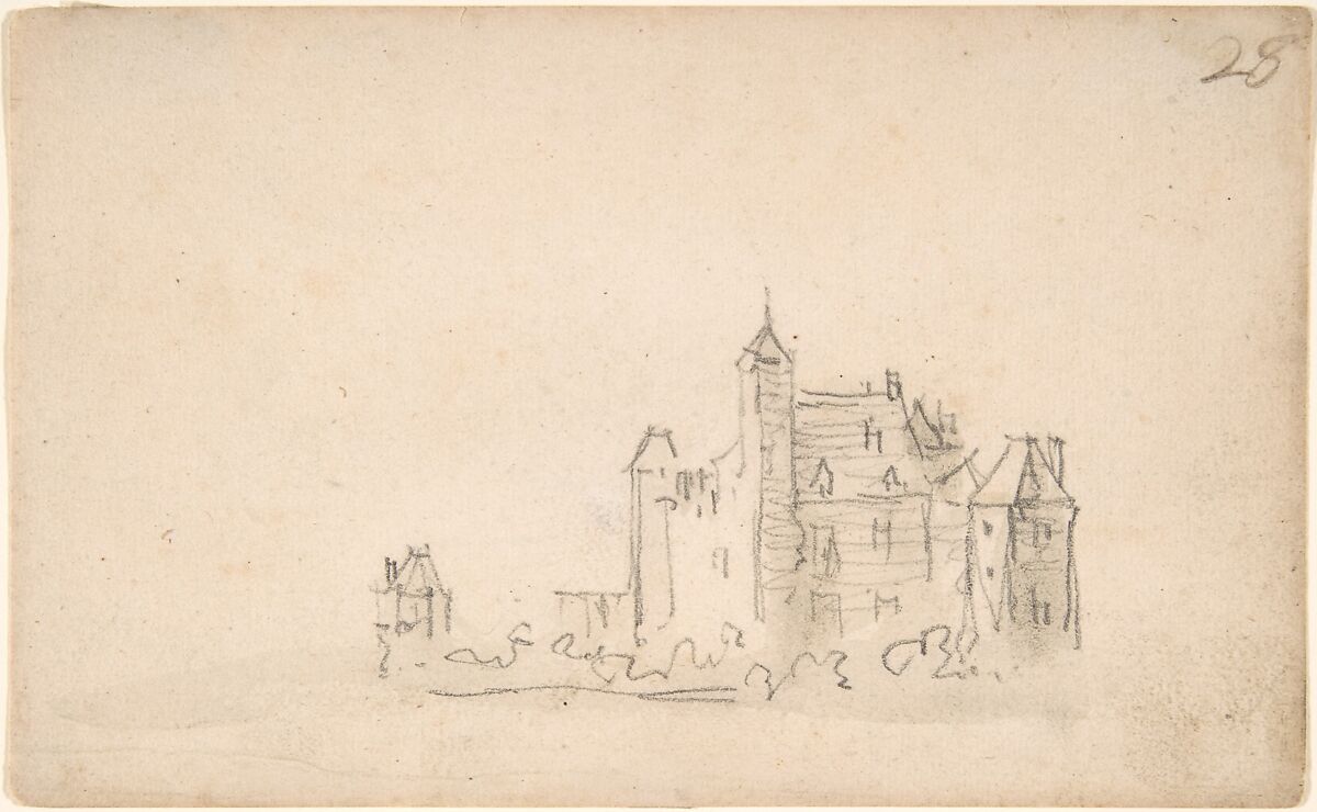 A Castle (on the Rhine?), Jan van Goyen (Dutch, Leiden 1596–1656 The Hague), Black chalk, gray wash 