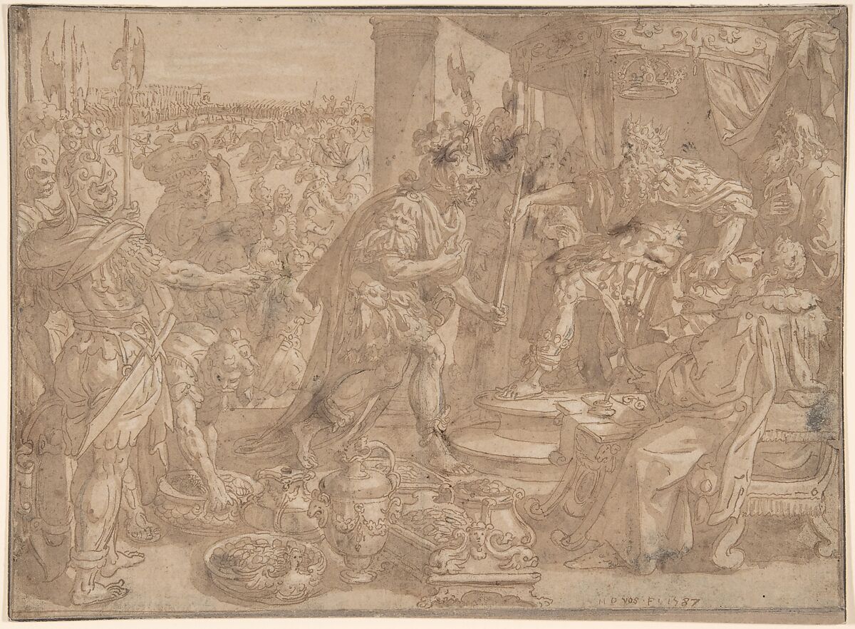 Holofernes before Nebuchadnezzar (Judith 2:4-13), Maerten de Vos (Netherlandish, Antwerp 1532–1603 Antwerp), Pen and brown ink, brush and brown wash, heightened with white gouache 