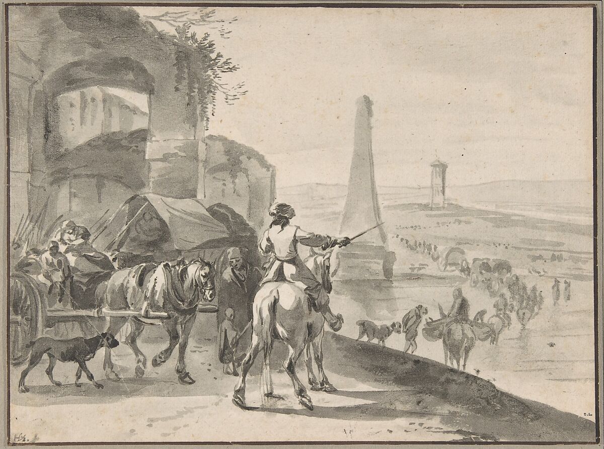 Travellers and wagons fording a river in a Southern landscape, Hendrick Verschuring (Dutch, Gorinchem 1627–1690 near Dordrecht), Brush and gray ink 
