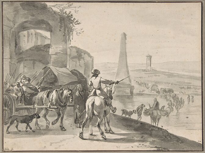 Travellers and wagons fording a river in a Southern landscape