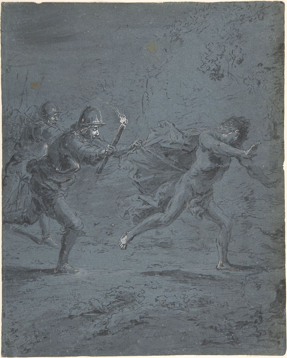 Night scene with soldiers chasing a fugitive (Mark XIV, 5-52), Leonaert Bramer (Dutch, Delft 1596–1674 Delft), Brush and gray ink, white gouache, on blue paper 