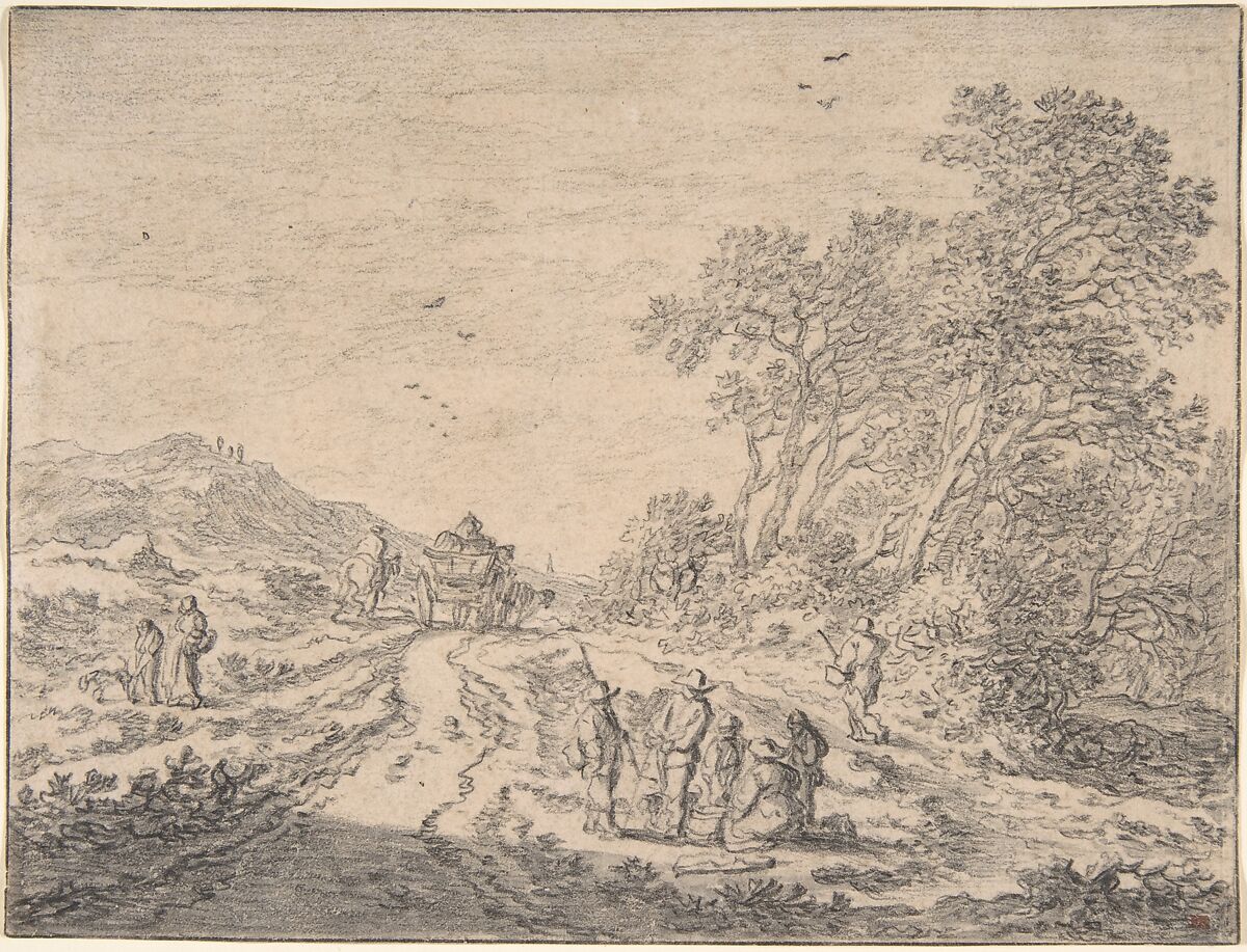 Figures on a Road, Pieter de Molijn (Dutch, London 1595–1661 Haarlem), Black chalk and gray wash, framing line in pen and gray ink 