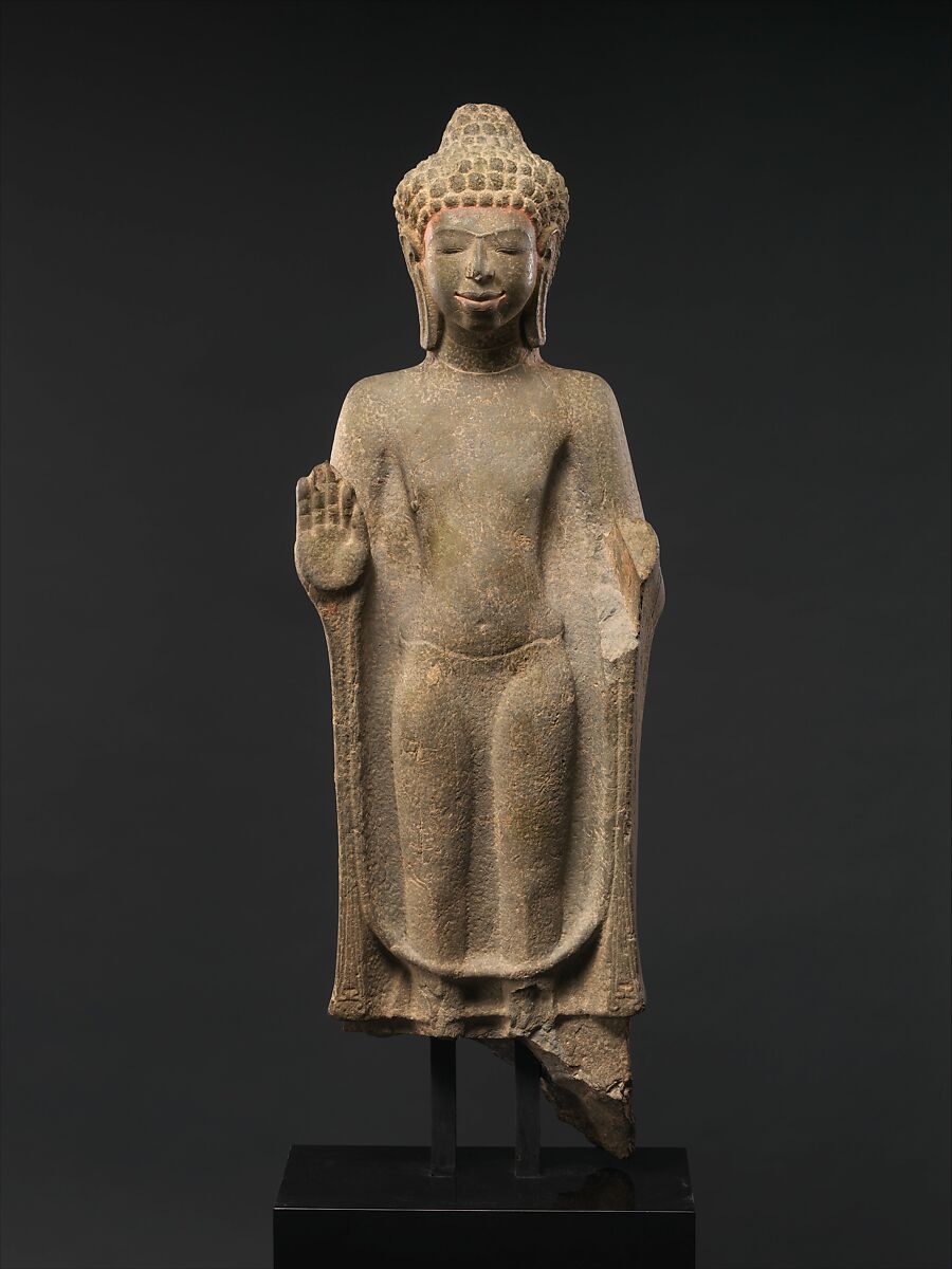 Standing Buddha, Stone with traces of color, Thailand 