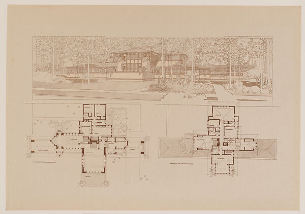 Perspective and plans Ward W. Willits villa, Highland Park, Illinois, Designed by Frank Lloyd Wright (American, Richland Center, Wisconsin 1867–1959 Phoenix, Arizona), Lithographic print with dark gray ink 