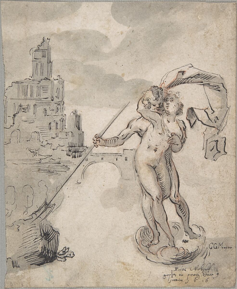 Neptune and Amphitrite, Elias Wolff, the Elder (Austrian, active ca. 1592–1617) (?), Pen and black ink, brush and gray wash, over a sketch in red and black chalk 