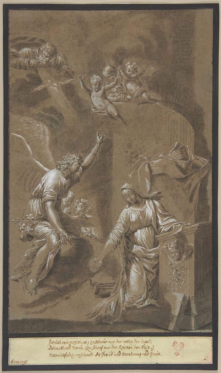 The Annunciation, Johann Jakob von Sandrart (German, Regensburg 1655–1698 Nuremberg), Brush and black ink, white gouache, over a sketch in graphite (?) 