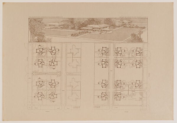 Perspective and plans of Quadruple Block Plan, Designed by Frank Lloyd Wright (American, Richland Center, Wisconsin 1867–1959 Phoenix, Arizona), Lithographic print with dark brown ink 