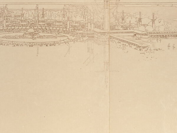 Perspective of the amusement resort at Wolf Lake, Indiana, Designed by Frank Lloyd Wright (American, Richland Center, Wisconsin 1867–1959 Phoenix, Arizona), Lithograph with dark brown ink and ink wash