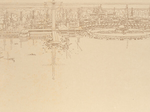 Perspective of the amusement resort at Wolf Lake, Indiana, Designed by Frank Lloyd Wright (American, Richland Center, Wisconsin 1867–1959 Phoenix, Arizona), Lithograph with dark brown ink and ink wash