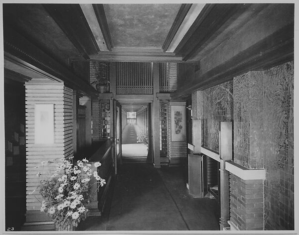 Darwin D. Martin Residence, Hall, with fireplace and mosaic overmantle, Frank Lloyd Wright  American, Platinum print