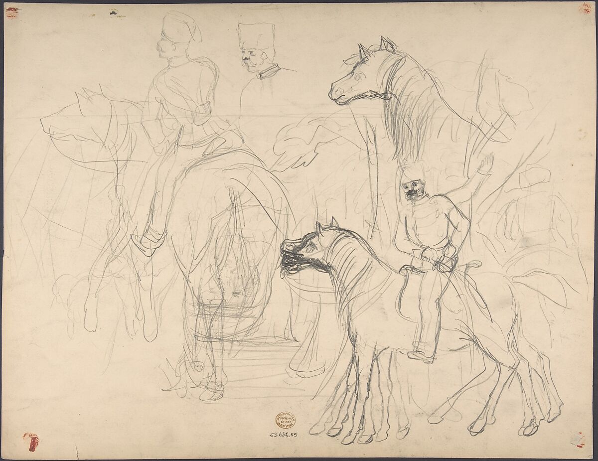 Two Men Resting by a Lake (recto); Studies for Soldiers Mounted on Horseback (verso), Alexandre Calame (Swiss, Vevey 1810–1864 Menton), Graphite heightened with white bodycolor, on brown paper.
