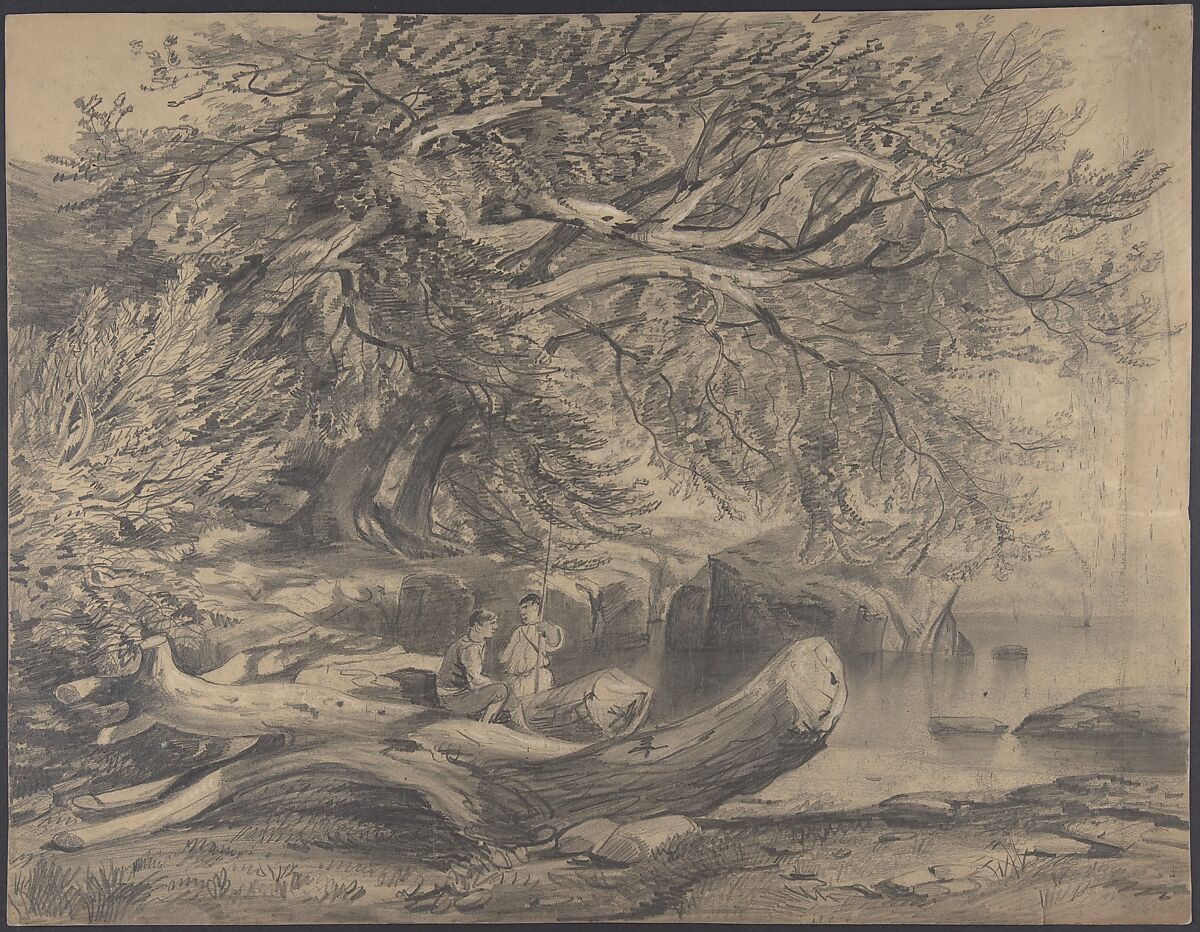 Two Men Resting by a Lake (recto); Studies for Soldiers Mounted on Horseback (verso), Alexandre Calame (Swiss, Vevey 1810–1864 Menton), Graphite heightened with white bodycolor, on brown paper. 