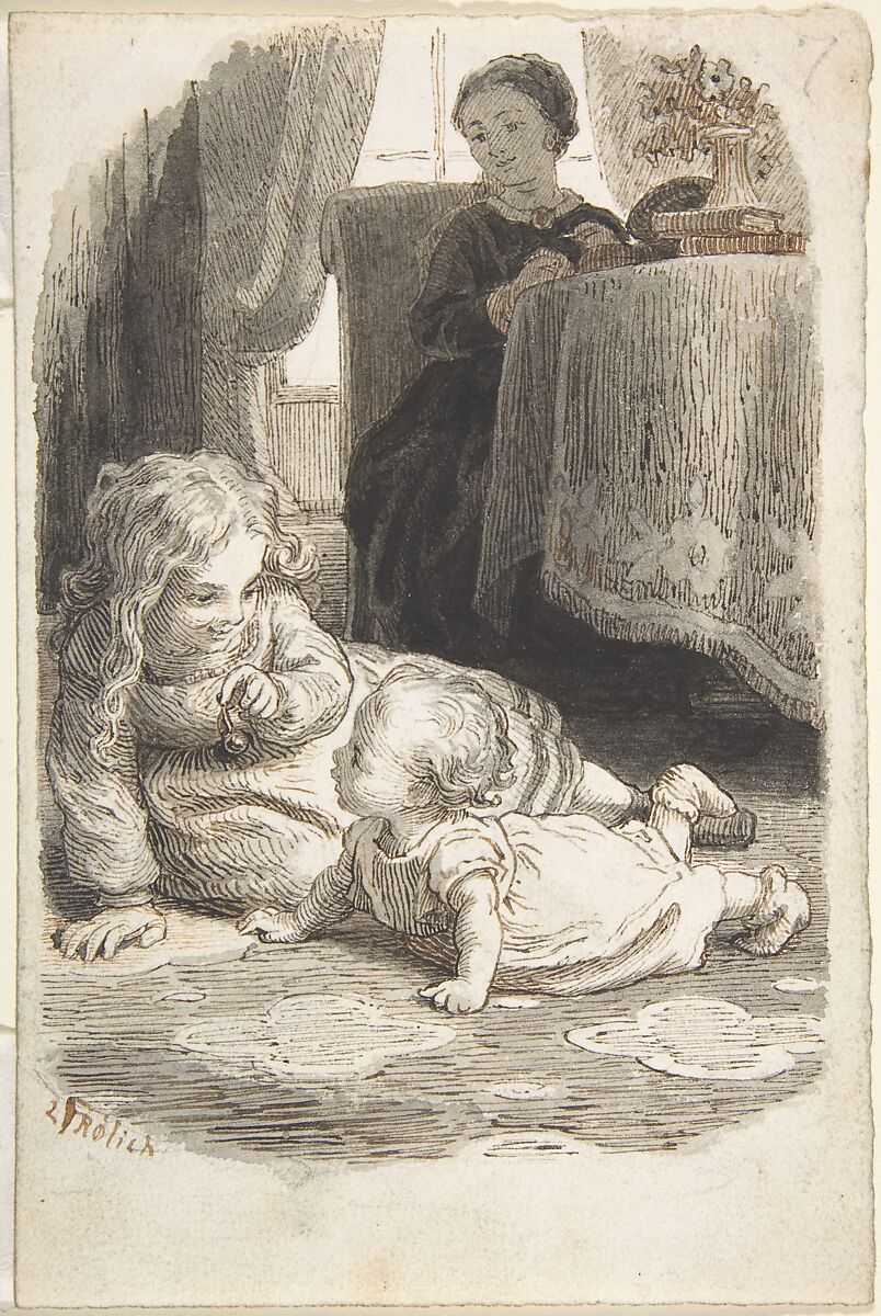 Mother Watching Over Two Young Children Playing (recto); Baby in a Bassinet (verso), Lorenz Frølich (Danish, Copenhagen 1820–1908 Hellerup), Pen and black and brown ink with brush and gray wash over graphite 